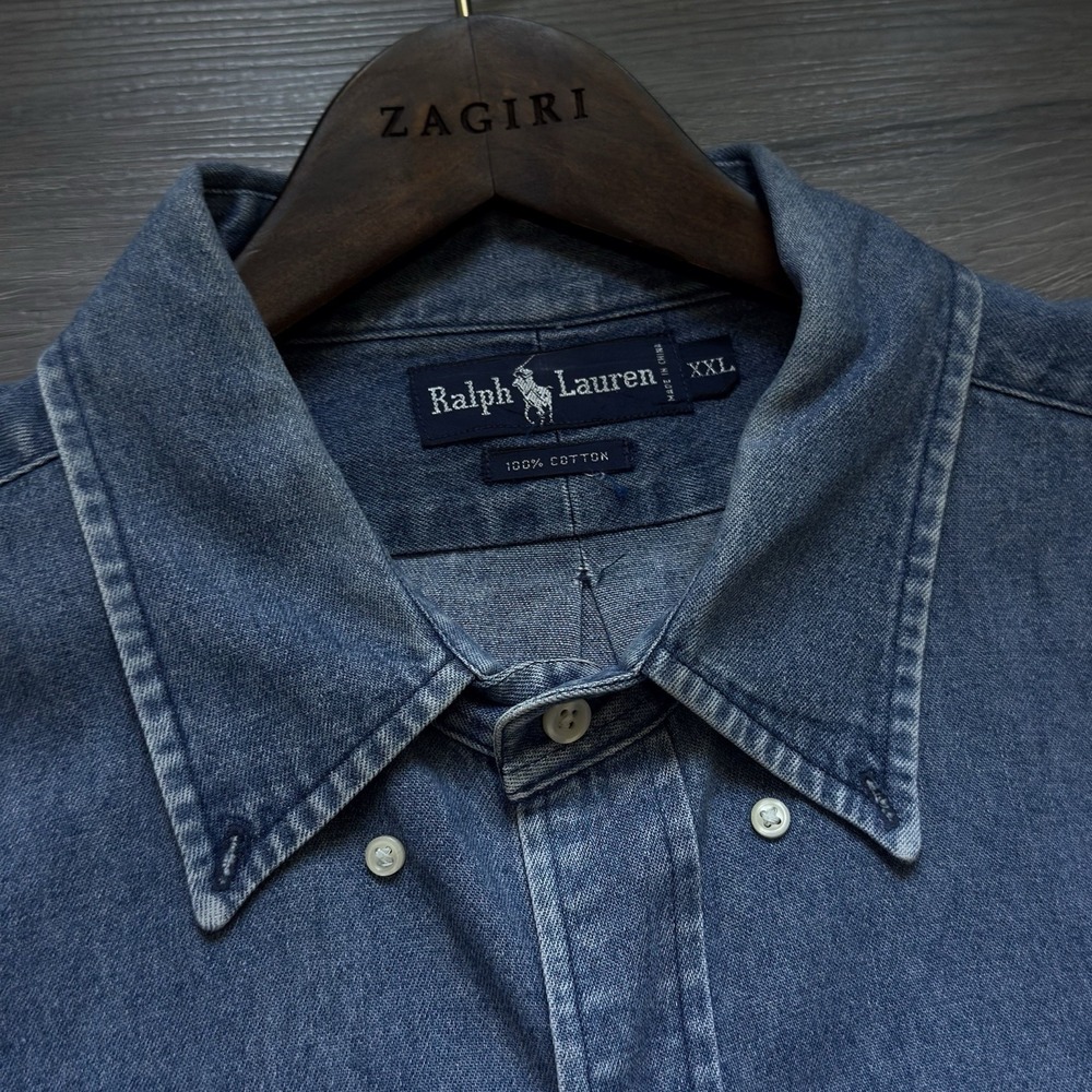 Vintage Polo Ralph Lauren Oxford Denim Shirt Mens 2XL Blue Red Pony Cotton - Picture 3 of 7